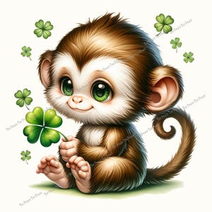 May include: A cute cartoon monkey with brown and white fur, large green eyes, and a smiling expression. The monkey is holding a four-leaf clover and surrounded by other clovers. The image has the text "Tee Peace Tee Peace" in the corners.