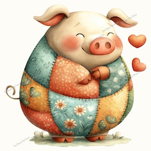 May include: A watercolor illustration of a smiling pig wearing a patchwork quilt. The pig has a pink snout, ears, and cheeks. The quilt is made of various colors and patterns, including orange, blue, and yellow. Two orange hearts float nearby.