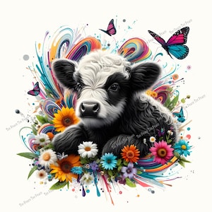 May include: A black and white calf with a fluffy coat, surrounded by colorful flowers and butterflies. The calf is the focal point, set against a vibrant backdrop of swirling rainbow colors. The image has the text "Tee Peace Tee Peace" in the corners.