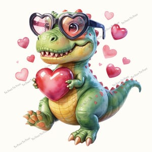May include: A cartoon illustration of a green dinosaur with heart-shaped glasses holding a red heart. The dinosaur has red accents and is surrounded by pink hearts on a white background. The text "Tee Peace Tee Peace" is repeated.