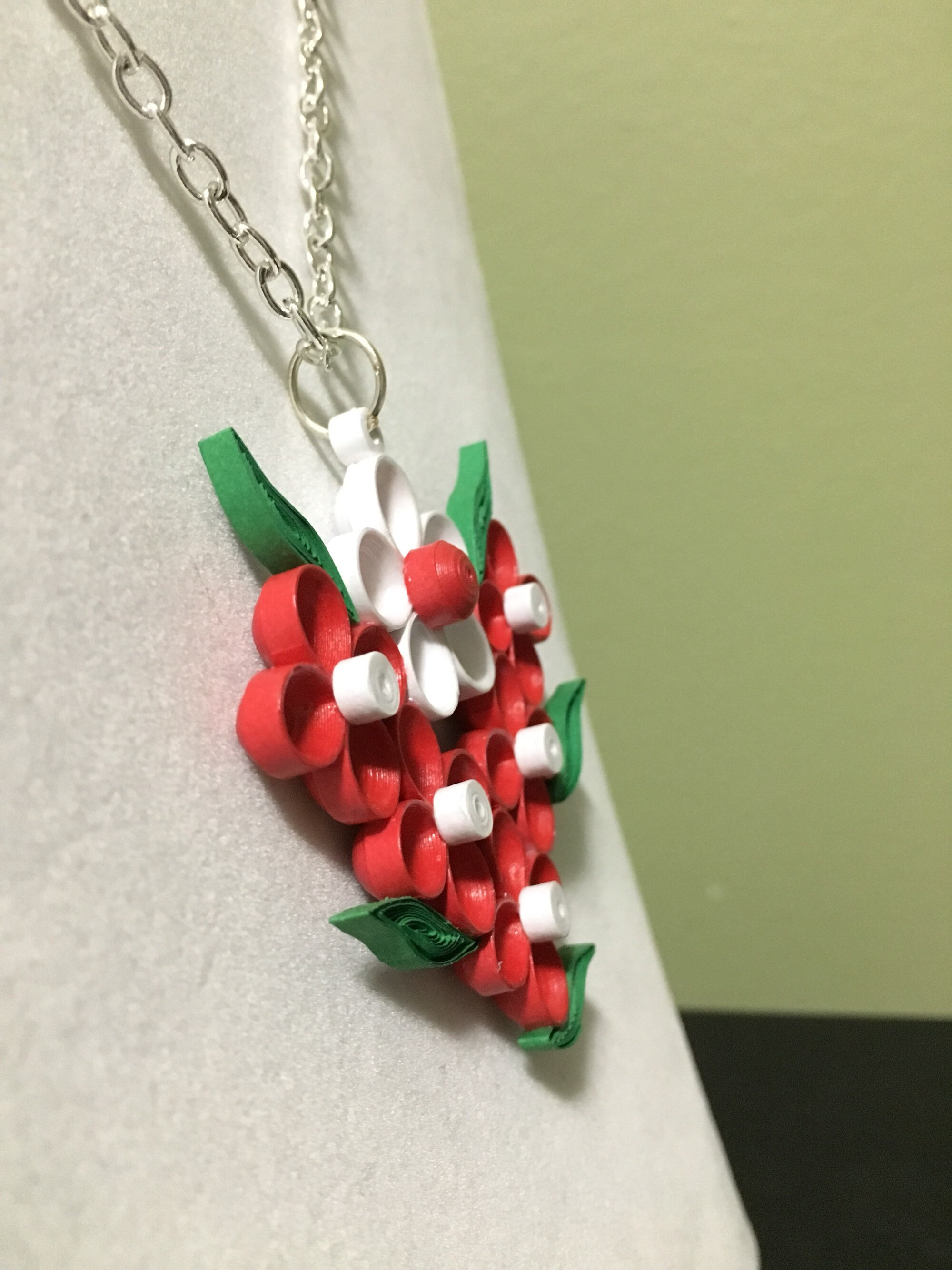 Quilled Red Flower Charm Necklace Handmade Paper Jewelry Etsy