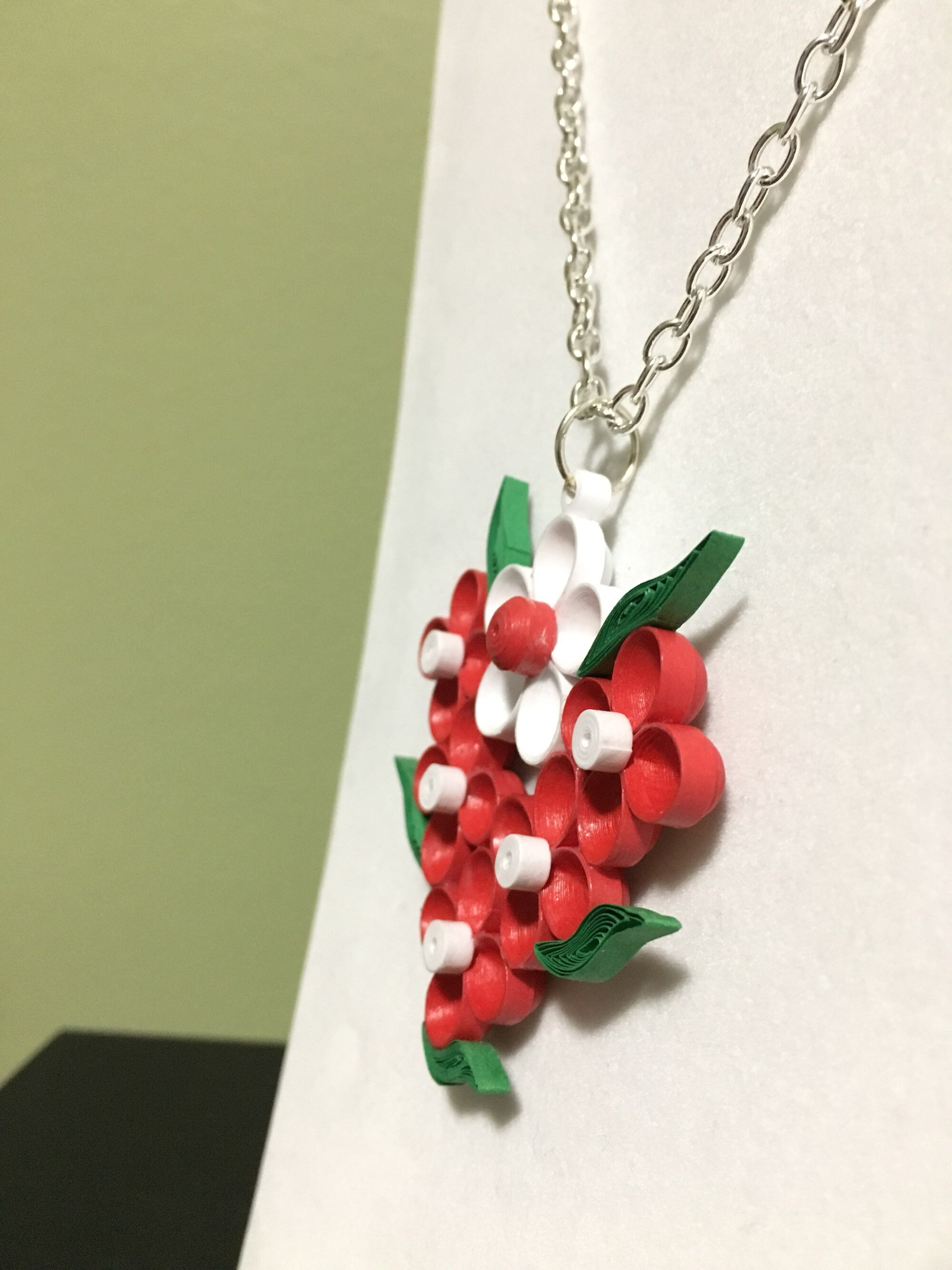 Quilled Red Flower Charm Necklace Handmade Paper Jewelry Etsy