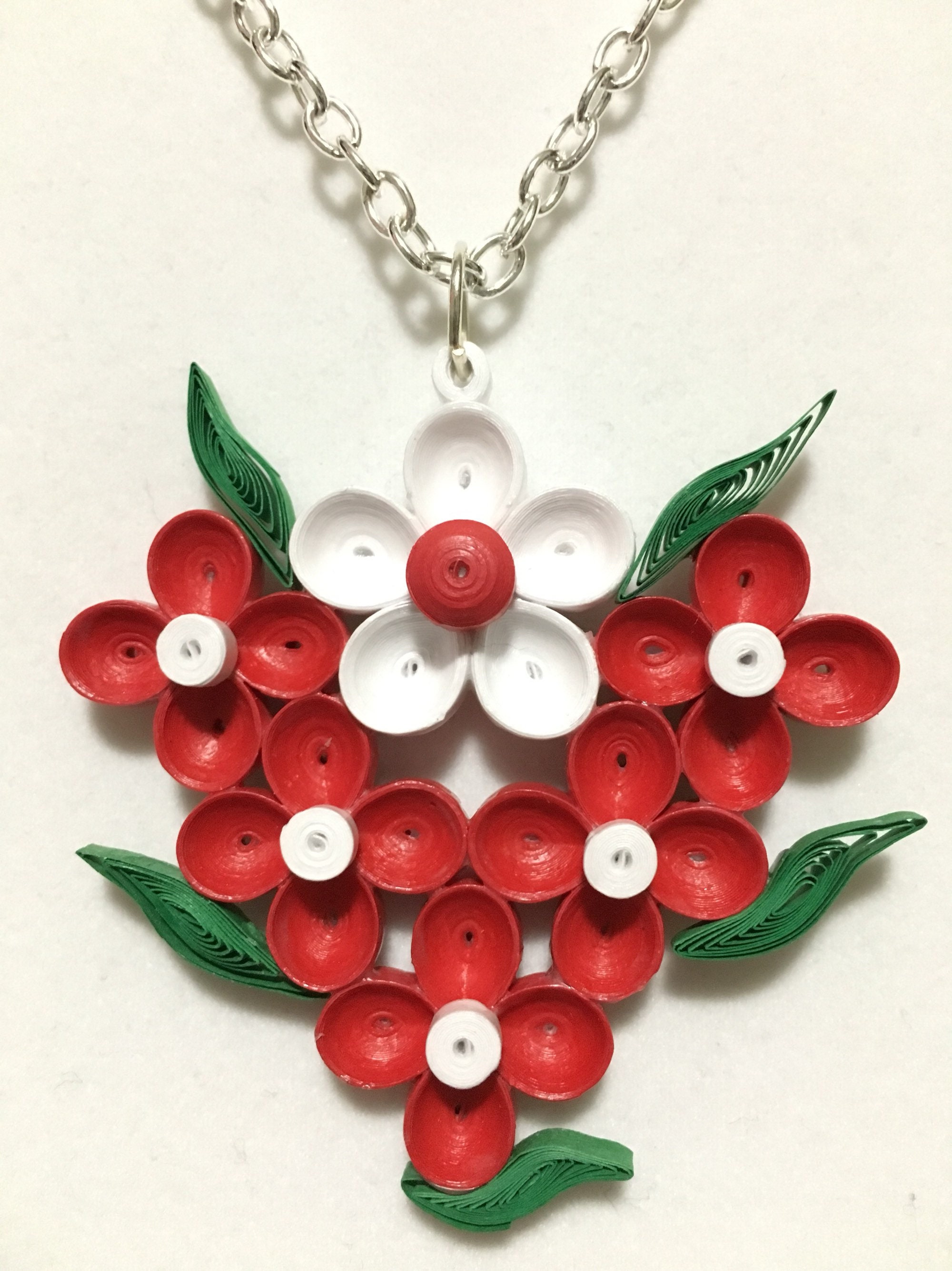 Quilled Red Flower Charm Necklace Handmade Paper Jewelry Etsy
