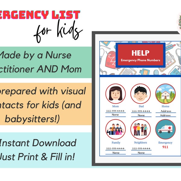 Children's Emergency Contact List, Must Have for Baby-sitter, Kid Help Phone numbers, Doctor, Address, Digital, Printable, Downloadable