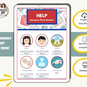 Children&#39;s Emergency Contact List, Must Have for Baby-sitter, Kid&#39;s Help Phone numbers, Doctor, Address, Digital, Printable, Downloadable