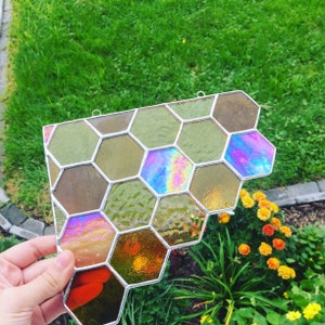 Pieza de esquina de vitral con diseño de panal (ámbar/amarillo)