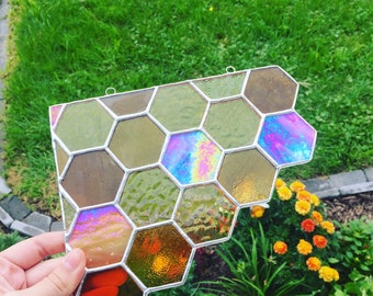 Honeycomb Stained Glass Corner Piece (Amber/Yellow)