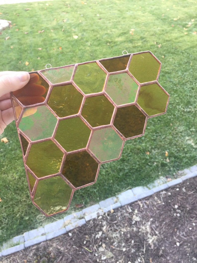 Honeycomb Stained Glass Corner Piece Amber/Yellow Copper