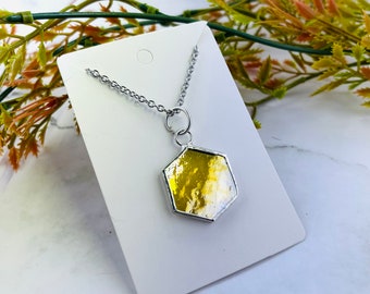 Iridescent Translucent Honey Color Hexagon Stained Glass Necklace