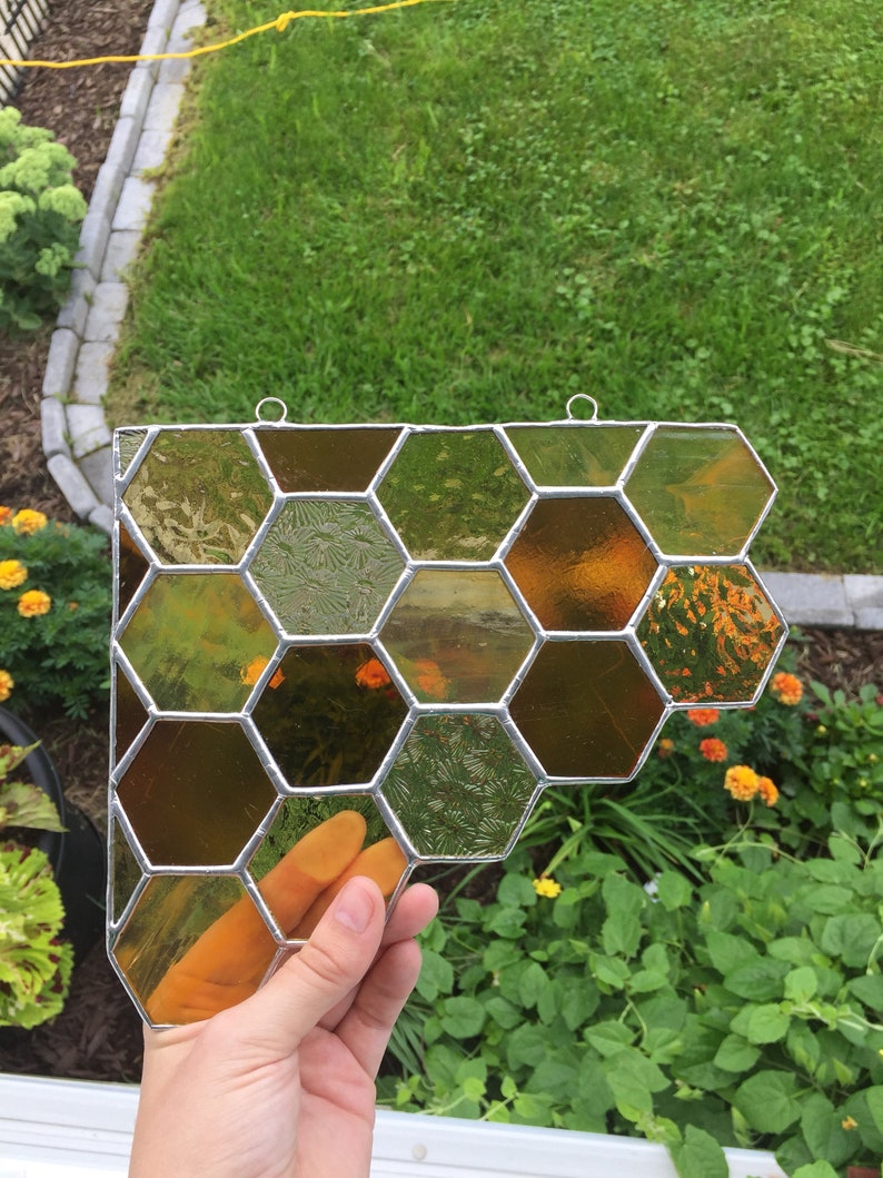 Honeycomb Stained Glass Corner Piece Amber/Yellow image 5