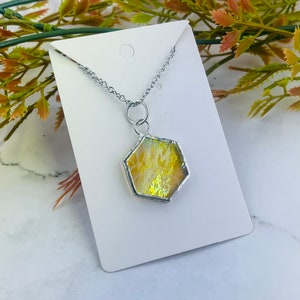 Iridescent Translucent Honey Color Hexagon Stained Glass Necklace