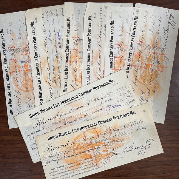 8- Union Mutual Life Insurance Vintage checks, Early 1940,s