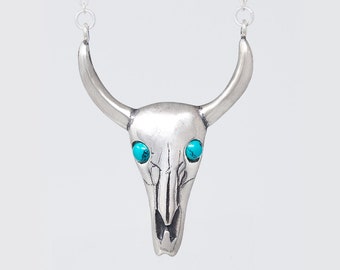 Skull Pendant Necklace, Skull Charm Necklace, Cowgirl Jewelry, Silver Cowgirl Necklace, Sterling Skull Necklace, Cow Skull Jewelry, Longhorn