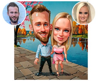 Caricatura Digital Personalizada de Pareja - Retrato Ilustrado desde Foto con Fondo - Dibujo con Mascotas, Vehículos y Objetos