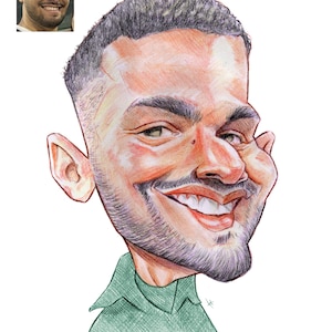 Hand drawn FACE CARICATURE with colored pencils, avatar, logo, original gift from your photos