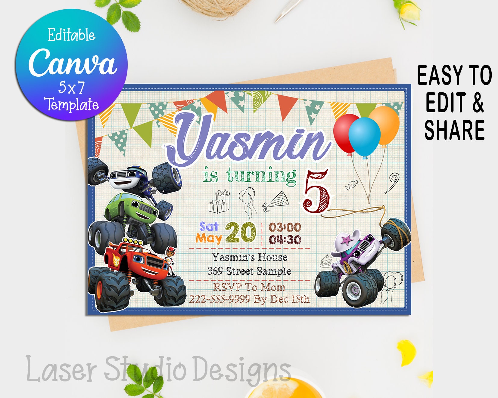 Editable Blaze and the Monster Machines Birthday Invitation DIY