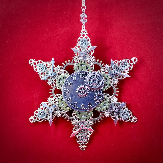 Steampunk Snowflake Gears and Filigree Christmas Ornament