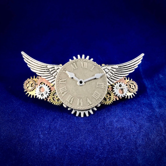 Steampunk Time Flies Clockwork and Wings Barrette