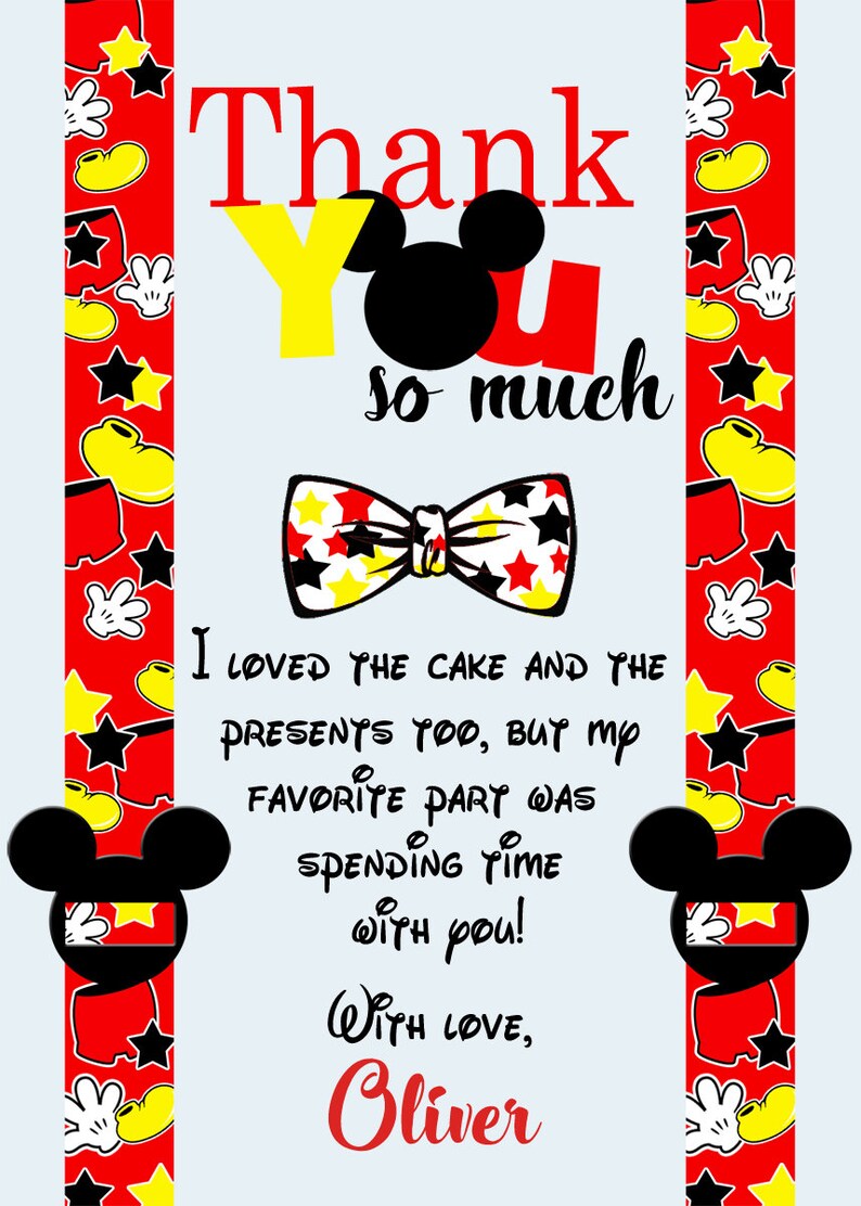 Mickey Thank You Cards Printable Thank You Card Mickey Mouse Birthday Thank You Mickey Mouse Thank You Card