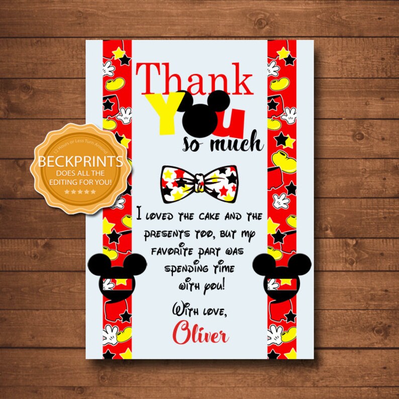 Mickey Thank You Cards Printable Thank You Card Mickey Mouse Birthday Thank You Mickey Mouse Thank You Card