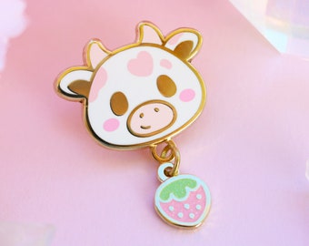 STRAWBERRY COW | Enamel Pin | Kawaii | Cute | Pastel | Strawberry Milk Cow | Dangle Charm