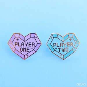 Player One & Player Two Enamel Pin SET Geometric Glitter Crystal Heart Couple Best Friend Gamer Gift image 2