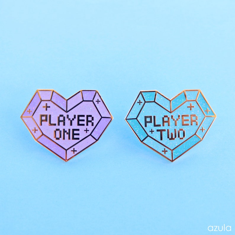 Player One & Player Two Enamel Pin SET Geometric Glitter Crystal Heart Couple Best Friend Gamer Gift image 2