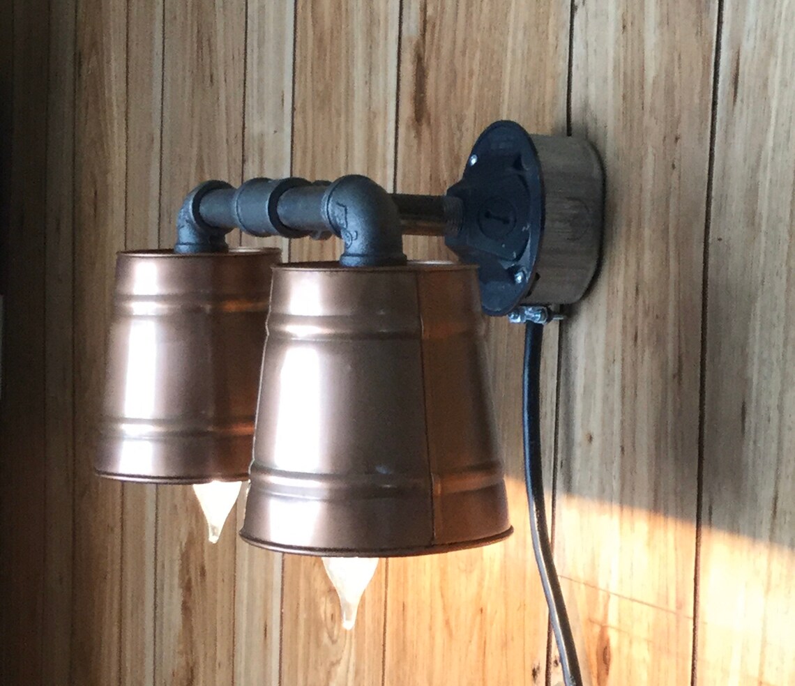 Industrial black iron pipe light fixture with Copper buckets Etsy