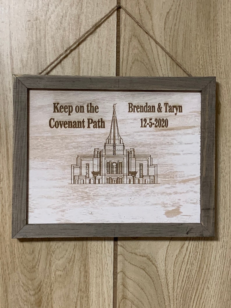 Personalized Temple Covenant Path Rustic Wall hanging plaque laser engraved.