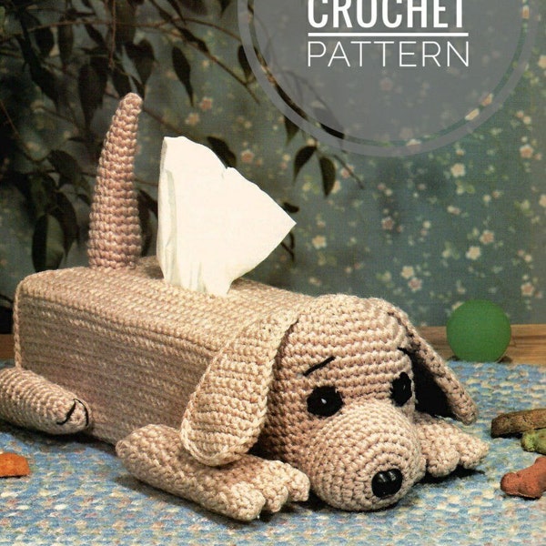 Puppy tissue box cover, vintage crochet pattern, DIY retro style table decor, PDF instant digital download, 1980s crocheting