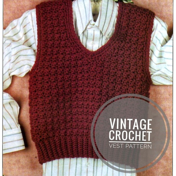 Vintage pattern for crochet V-neck vest, retro style casual clothing, PDF instant digital download, 1980s crochet