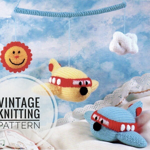 Old knitting pattern, retro knit airplane mobile & sweets pincushion, PDF instant digital download, cute baby toys, 1980s retro tutorial