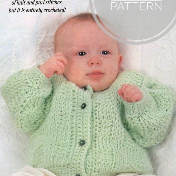 Tunisian crochet baby cardigan, vintage pattern for infants, retro style casual clothing, PDF instant digital download, 1980s crochet