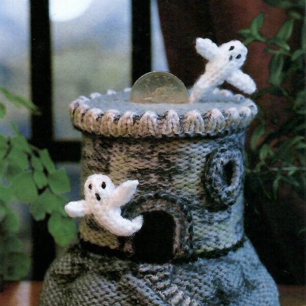 Vintage knitting pattern, retro knit desk tidy and spooky bank, PDF instant digital download, 1980s retro knitting