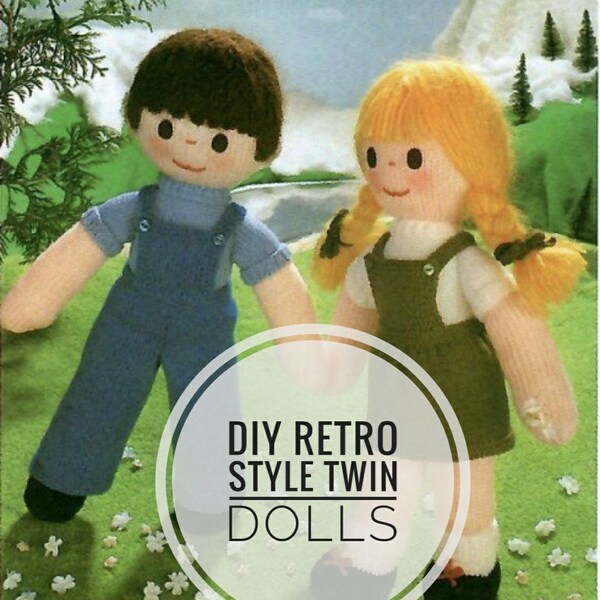 Vintage knitting pattern, knit twin dolls, PDF instant digital download, cute toys with clothes, 1980s retro knitting