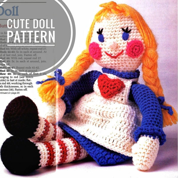 Doll crochet pattern, cute toy doll, vintage 80s tutorial, PDF instant download, DIY girls gift