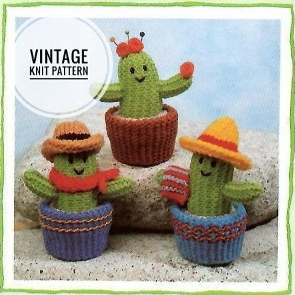 Vintage knitting pattern, retro knit cactus soft toy, PDF instant digital download, cute amigurumi finger puppets, 1980s retro knitting