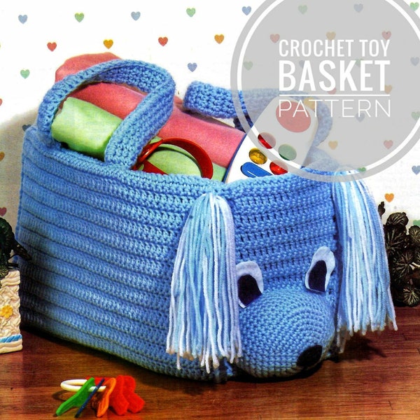Kids toy basket, easy vintage pattern, DIY crochet puppy storage, PDF instant digital download, 1980s crocheting