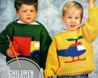 Modèle de pull à motif pour enfants, vêtements décontractés de style rétro, téléchargement numérique instantané PDF, crochet des années 1980