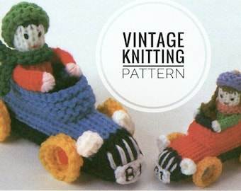 modèle de tricot vintage, petite voiture en tricot avec poupée de conducteur, téléchargement numérique instantané PDF, tricot rétro des années 1980
