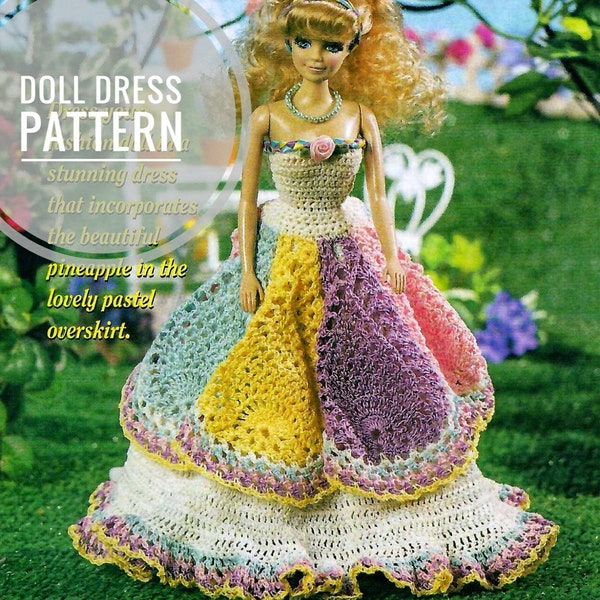 Vintage dress pattern for 11.5 inch doll, Barbie retro style crochet dress, PDF instant digital download, 1980s crochet