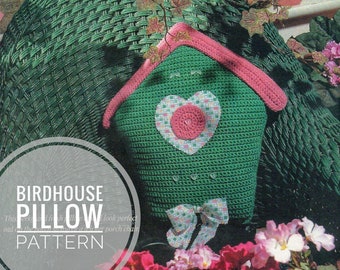 Birdhouse pillow, easy vintage pattern, DIY crochet cushion, PDF instant digital download, 1980s crocheting