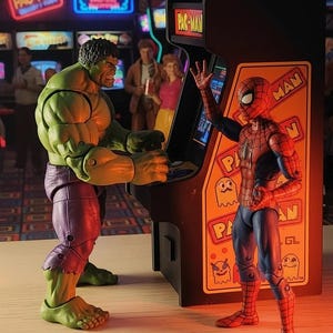 May include: Action figures of the Hulk and Spider-Man playing a Pac-Man arcade game. The arcade cabinet has the Pac-Man logo and character graphics. The background shows other arcade games and neon signs.
