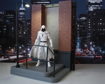 1:18 Maßstab Handgemaltes Urban Street Ecke Diorama - Ziegelwand Display Base mit Treppen, Geländer, Straßenlaterne