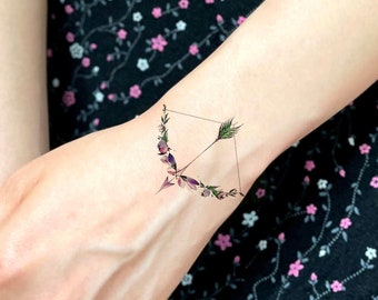 Floral Bow and Arrow Temporary Tattoo | Flower Temporary Tattoos | Wrist Tattoo | Bow and Arrow Tattoo | Temporary Tattoo | Bow | Set of 2