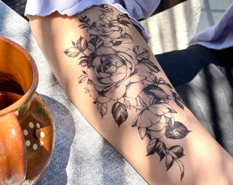 Black Rose Ink Temporary Tattoo / Floral Tattoo / Sexy Tattoo / Temporary Tattoo for Women / Vintage Temporary Tattoo / Large Tattoo
