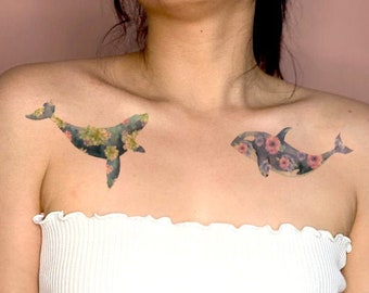 Floral Whale Tempoary Tattoo | Ocean | Cute Whale Tattoo | Ocean Life Tattoo | Fish Tattoo | Flower Tattoo | Tempoary Tattoo