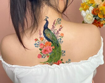 Colorful Peacock Temporary Tattoo / Peacock Tattoo / Sexy Tattoo / Temporary Tattoo for Women / Vintage Temporary Tattoo / Large Tattoo