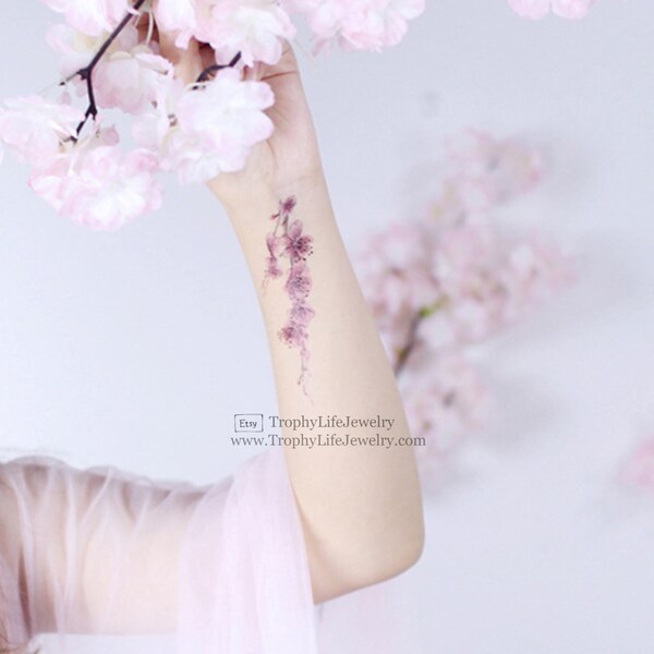 Floral Temporary Tattoo / Floral Tattoo / PINK Flower Tattoo / Small Temporary Tattoo / Vintage Temporary Tattoo / Cherry Blossom Tattoo