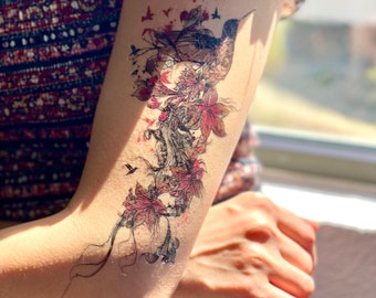 Large Floral Temporary Tattoo / Floral Tattoo / Bird Flower Tattoo / Temporary Tattoo for Women / Vintage Temporary Tattoo / Large Tattoo